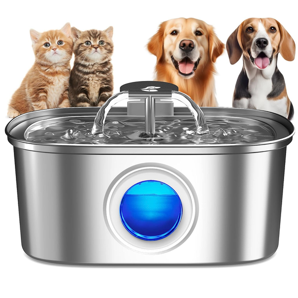 3.2L Bebedouro para Gatos, 304 Fonte Gatos Bebedouro Inox com Janela de Nível de água, Torneira Dupla